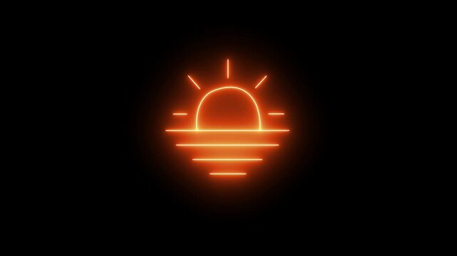 Glowing orange neon sunset icon with sun rays and water reflections for weather forecast, summer beach vacation, sunrise symbol, nature horizon