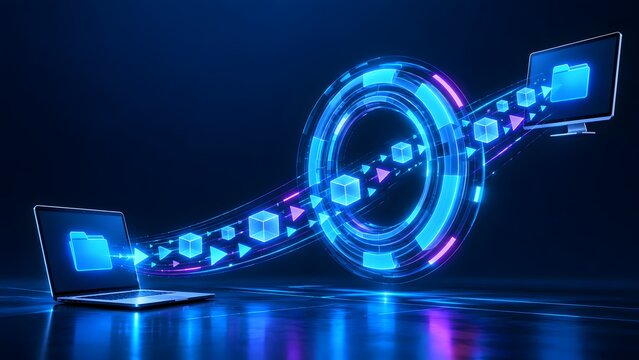 Secure digital file transfer and data migration between laptop and computer through glowing network portal tunnel