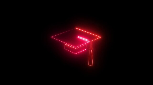 Glowing red neon graduation cap icon with tassel for academic education, university degree, online learning portal, success achievement
