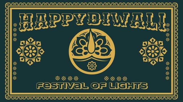 Vintage 4K looping Diwali video animation with gold art deco text, diya emblem, mandalas, and ornate frame on dark green background. Great for video banners, event screens, and promo ads.