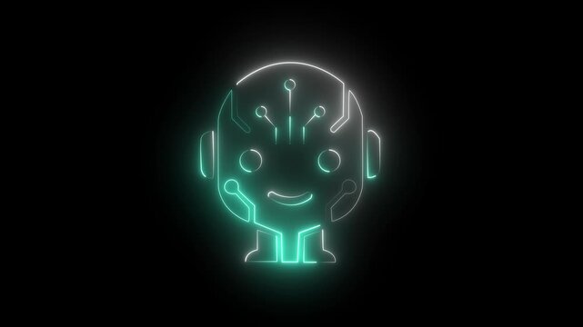 Glowing cyan neon robot head icon with circuit board nodes for artificial intelligence, AI chatbot, futuristic android avatar, smart tech assistant