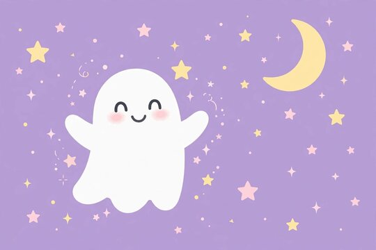 Cute friendly smiling ghost floating among stars and crescent moon on pastel purple night sky