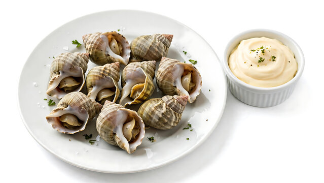 Cooked Whelk Sea Snails with Aioli Mayonnaise Dip on White Plate