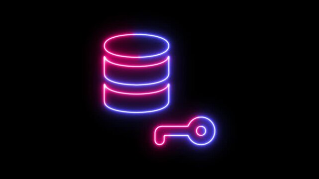 Neon database icon with a key symbol on a dark black background