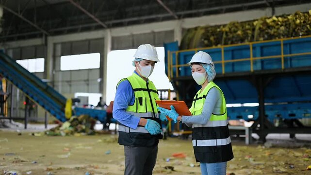 Midsection of two industrial workers in safety vests using a digital tablet to inspect organic waste processing