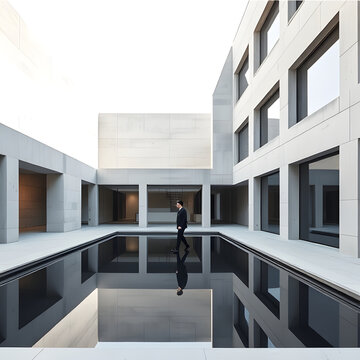 Minimalist modern courtyard with a reflecting pool and a lone man walking near architectural buildings