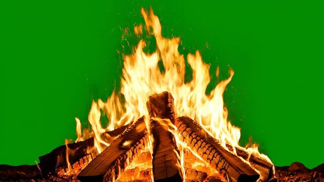Campfire burning with glowing embers against a green screen during the night with cinematic motion