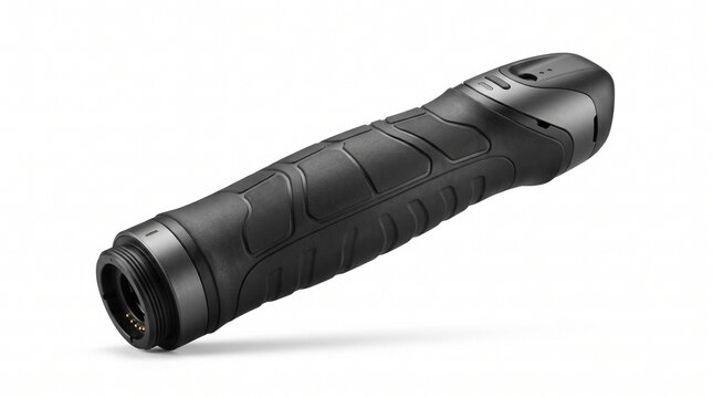 Modern black ergonomic handle grip, portable electronic camera stabilizer handle, sleek rubberized device grip on white studio background