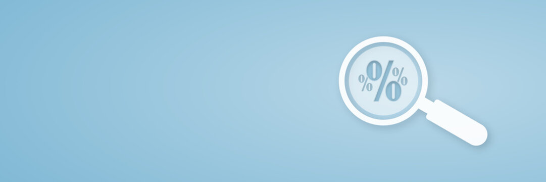 A clean 3D illustration header banner featuring a white magnifying glass with percent symbols on a light blue background for sales, finance and banking marketing campaigns.