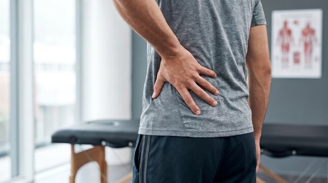 Man standing in a clinic holding his lower back experiencing back pain, sciatica, or muscle strain.