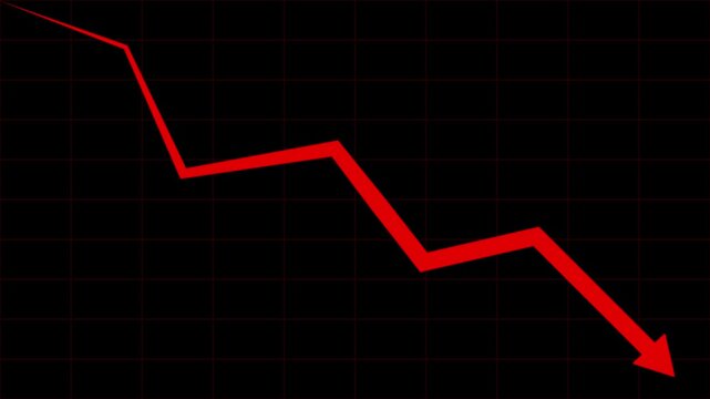 Glowing red stock market crash line chart icon with downward arrow showing financial loss, economic recession, bearish market trend, stock downfall animation