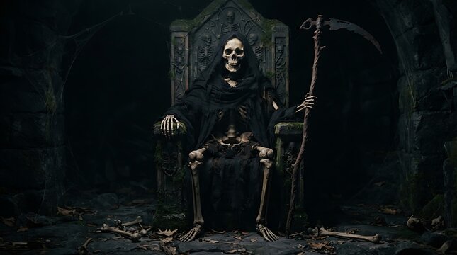 Grim reaper on throne holding scythe in dark chamber.