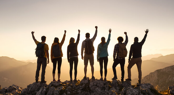 A diverse group of energetic hikers stands triumphantly atop a rugged mountain peak during a golden sunrise to celebrate their shared accomplishment after completing a challenging long trek