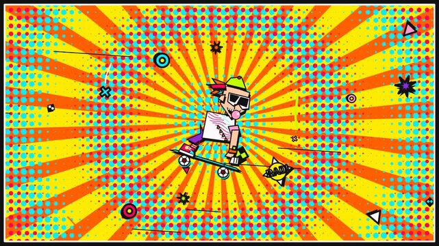Cool cartoon boy riding skateboard with bubblegum in pop art style animation with glitch effect and retro geometric shapes on sunburst background