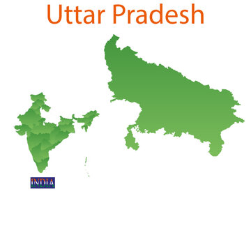 Uttar Pradesh state map outline green design isolated on checkerboard for educational travel reports.