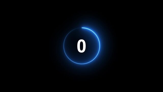 Glowing blue neon circular countdown timer icon showing number three to zero for video start, live stream launch, event countdown animation