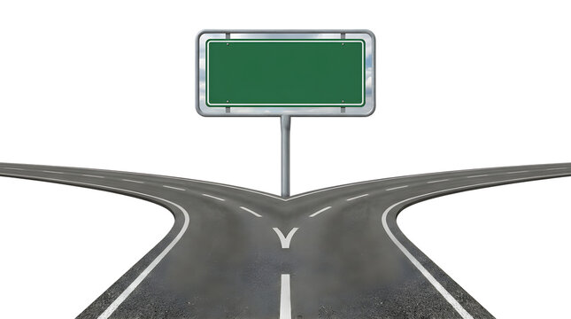 Blank highway sign at a fork in the road, decision making road junction on white background, asphalt road splitting into two directions