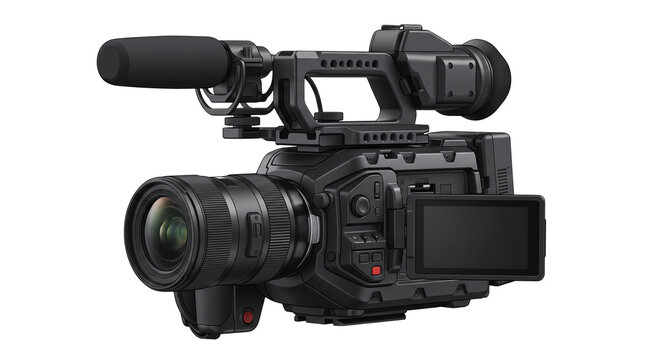 Professional Video Camera with Shotgun Microphone, Digital Cinema Camcorder, Black Filmmaking Production Equipment isolated PNG with Transparent Background