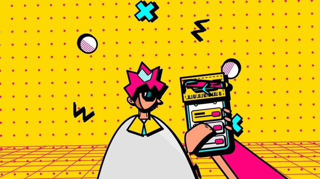 Pop art animation of a cool character booking a flight on a smartphone app surrounded by floating plane tickets and geometric shapes on a yellow dotted background