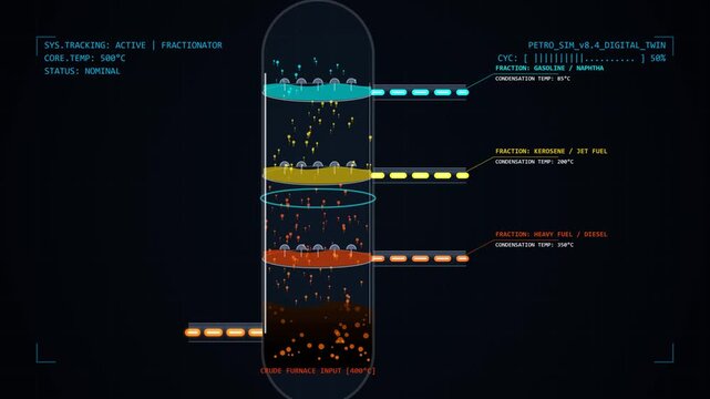 3D style glass fractionation tower separating crude oil into multiple fuel fractions based on boiling points. Features industrial HUD elements, dynamic vapor flow, seamless loop, and premium dark holo