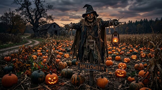 Spooky scarecrow in pumpkin field on halloween night.