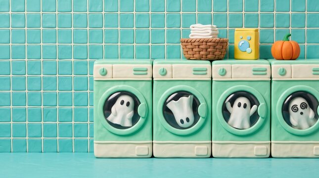 Claymation ghosts tumbling in laundromat washing machines