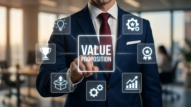 Businessman interacting with a futuristic value proposition holographic interface