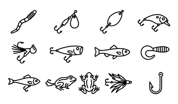 Set of hand drawn fishing lures and equipment icons isolated on a white background