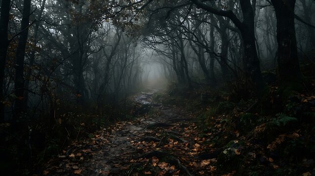 Eerie dark forest path with fog and fallen leaves during autumn season.
