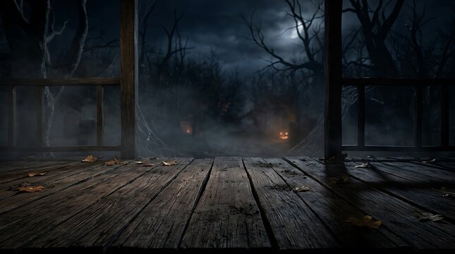 Spooky haunted house porch at night with jack o lanterns moonlight.
