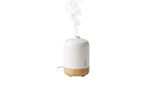 Minimalist electric essential oil diffuser releasing steam, modern white oil humidifier with wood base, wellness aromatherapy vapor device isolated PNG with Transparent Background