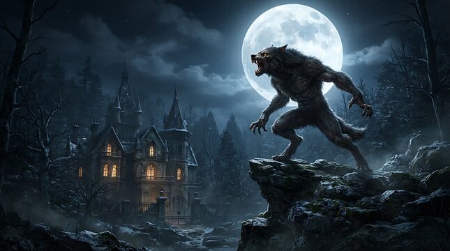 Werewolf howling at full moon near spooky mansion in dark forest.