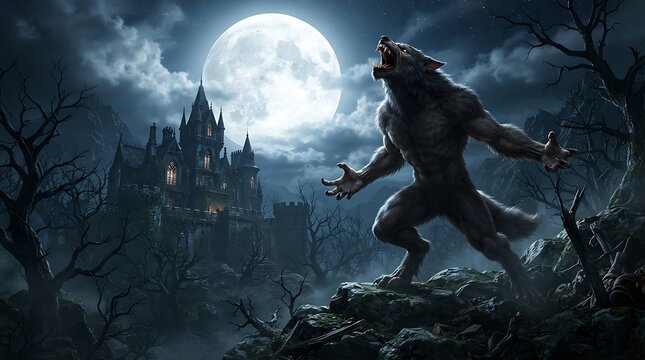 Werewolf howling at full moon near spooky mansion in dark forest.