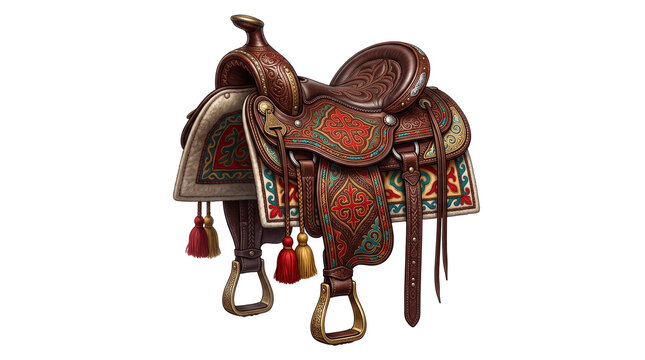 Ornate western leather horse saddle with embroidery, decorated equestrian riding gear with tassels, vintage brown leather horse tack isolated PNG with Transparent Background