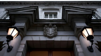 Fototapeta premium A grand stone building facade with illuminated lanterns and a central heraldic crest above an entrance door