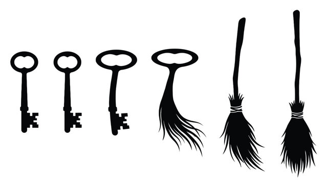 Black silhouette collection showing the creative transformation of vintage keys into magical flying witch brooms