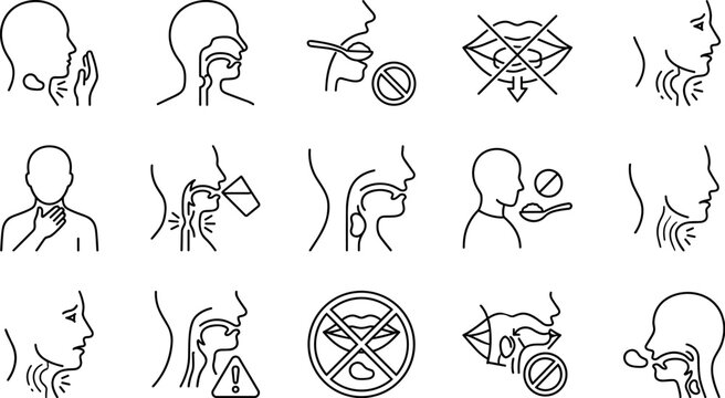 Dysphagia Swallowing Difficulty Icon Set with Throat Anatomy Illness Vector Line ArtDysphagia Swallowing Difficulty Icon Set with Throat Anatomy Illness Vector Line Art