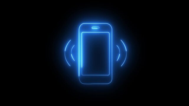 blue neon ringing smartphone icon with vibration waves for incoming call, mobile communication, telephone alert, wireless signal animation