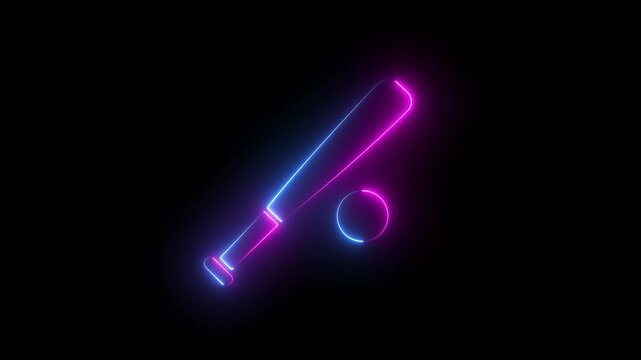 Glowing pink and blue neon baseball bat and ball icon for sports competition, softball equipment, active gaming, fitness recreation