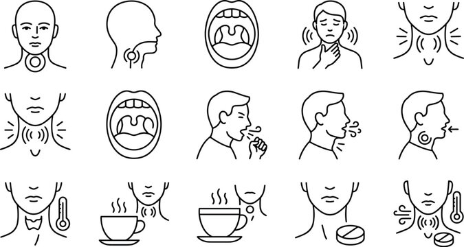 Sore Throat Icon Set with Coughing Tonsillitis Anatomy Remedy Vector Line ArtSore Throat Icon Set with Coughing Tonsillitis Anatomy Remedy Vector Line Art