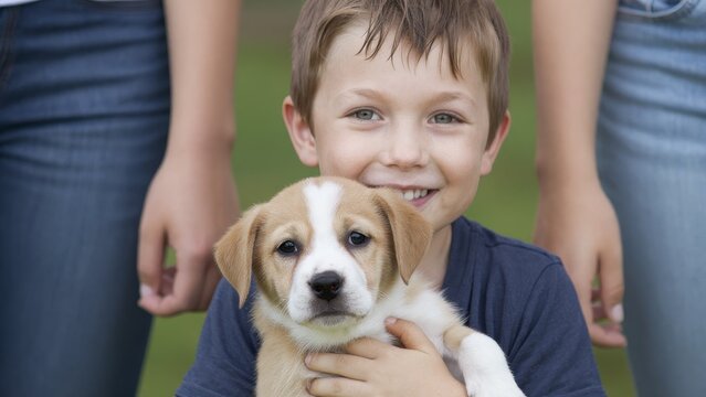 Happy Child Holding Adorable Puppy with Family in Background