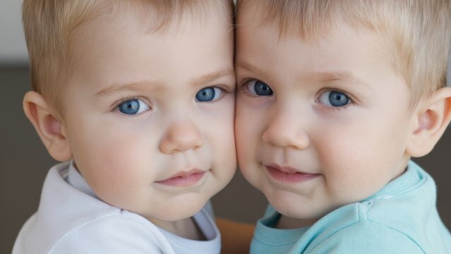 Close-Up of Two Adorable Babies with Blue Eyes Embracing Each Other
