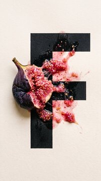 Sliced fig with seeds splattered across black and white graphic design