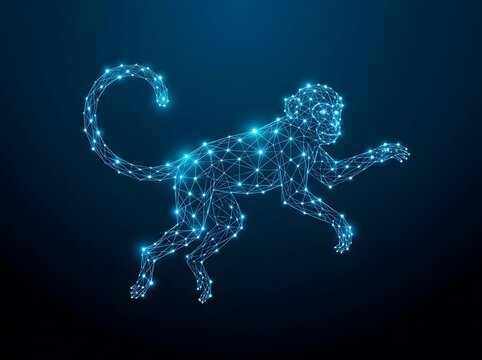 Glowing blue digital monkey wireframe on dark background
