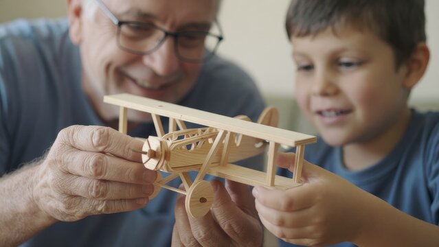 Grandfather and Grandson Enjoying Time Together with Wooden Airplane