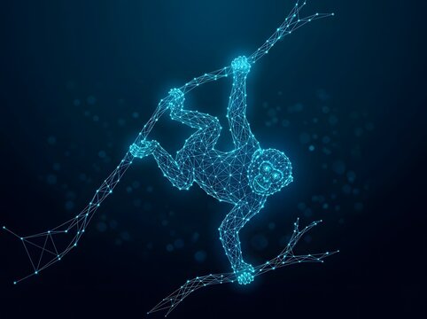 Glowing blue wireframe monkey swinging on a digital branch