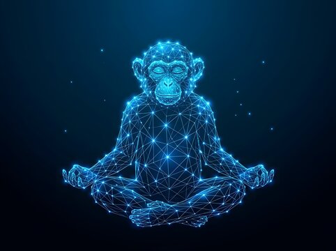 Luminous blue monkey wireframe in meditation pose