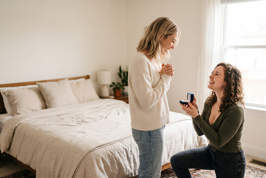 Young woman proposing to her female partner in bedroom