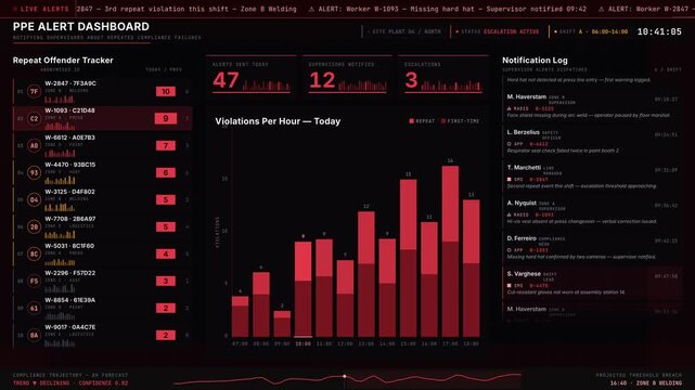 PPE Alert Dashboard effectively notifying supervisors about repeated compliance failures with a high-tension aesthetic and detailed violation tracking interface.