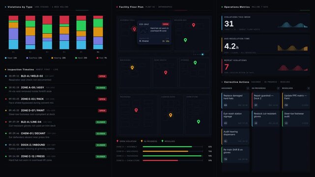 Explore the detailed safety inspection dashboard showcasing PPE violations, locations, and corrective actions with a sleek dark mode design and animated metrics for effective monitoring.